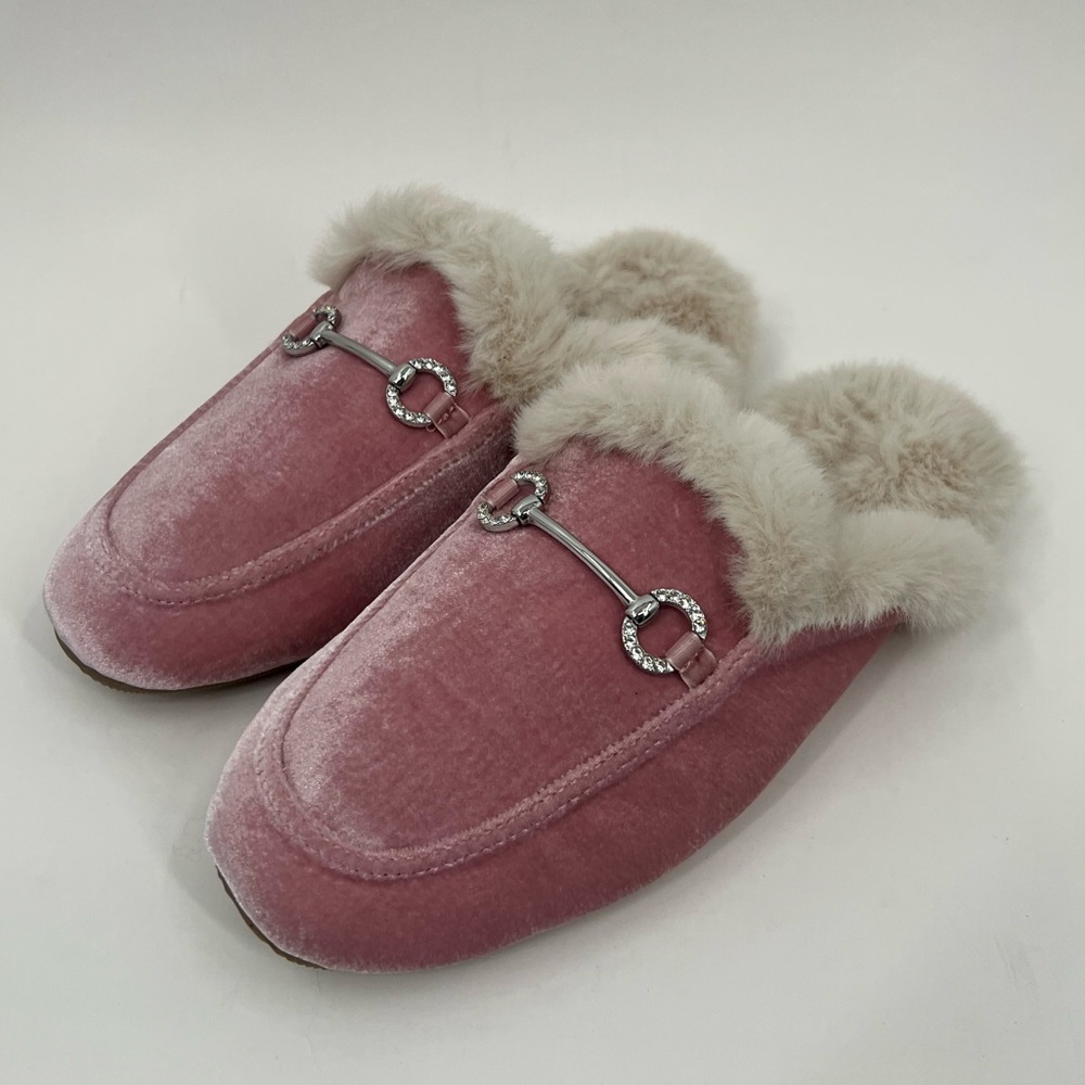 J. Crew Factory pink velvet bit slippers.